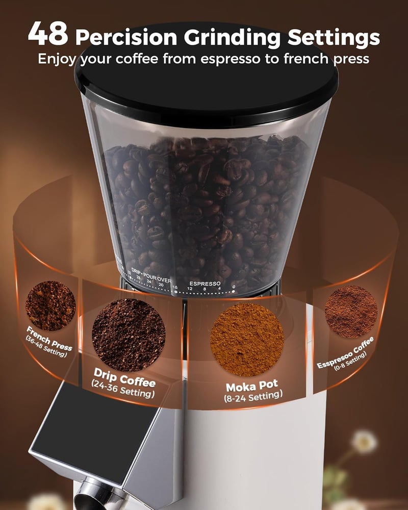 Tuni G1 Conical Burr Coffee Grinder, 48 Grind Settings Anti-static Burr Mill, Precision Electronic Timer and LED Touchscreen for Espresso/Drip/Cold Brew/French Press, Stainless Steel, Ivory - Image 3